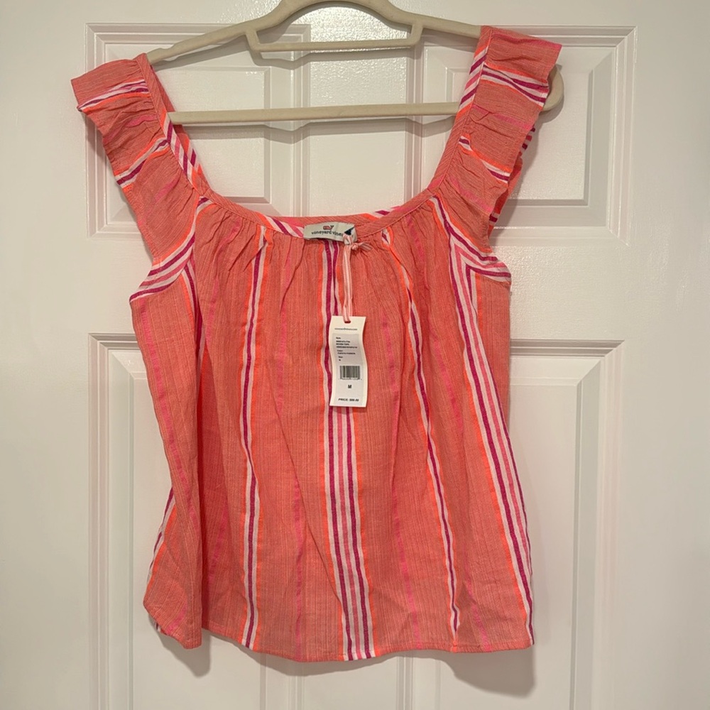 Vineyard, vine, striped neon pop, ruffle top: color: papaya, passion
